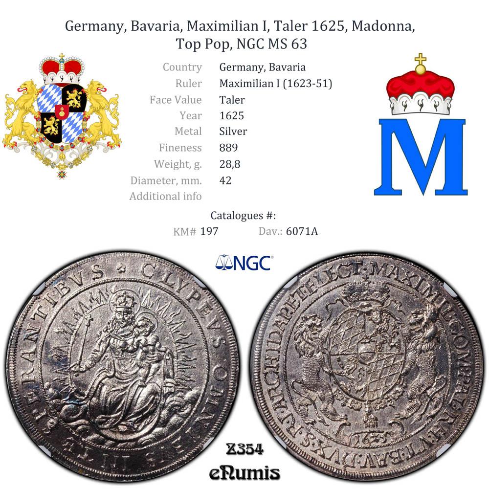 Germany, Bavaria, Maximilian I, Taler 1625, Madonna, Top Pop, NGC MS 63