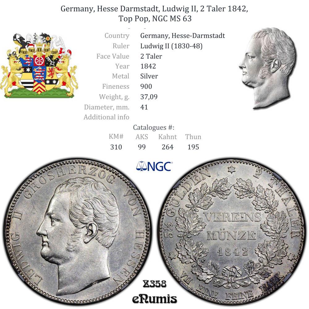 Germany, Hesse Darmstadt, Ludwig II, 2 Taler 1842, Top Pop, NGC MS 63