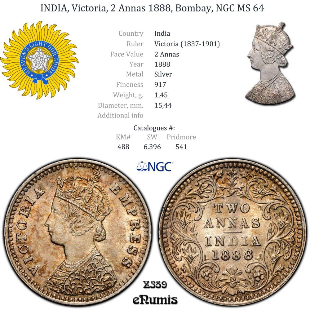 INDIA, Victoria, 2 Annas 1888, Bombay, NGC MS 64