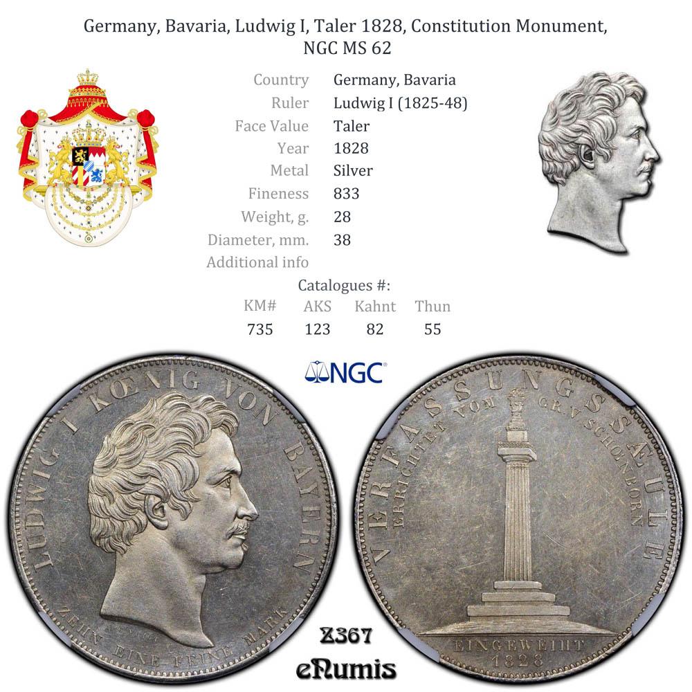 Germany, Bavaria, Ludwig I, Taler 1828, Constitution Monument, NGC MS 62 Germany, Bavaria, Ludwig I, Taler 1828, Constitution Monument, NGC MS 62