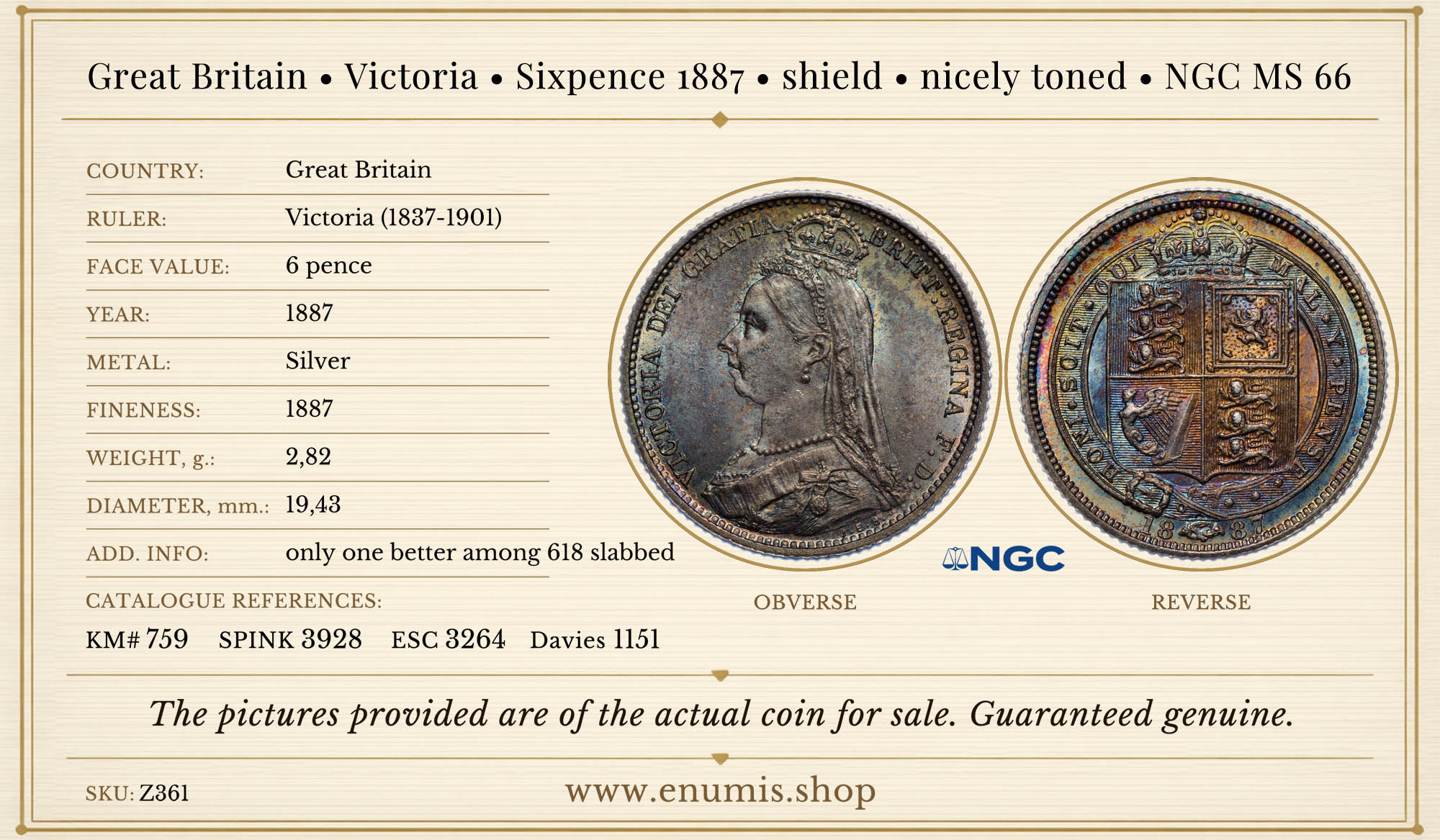 Great Britain, Victoria, Sixpence 1887, shield, nicely toned, NGC MS 66 Great Britain, Victoria, Sixpence 1887, shield, nicely toned, NGC MS 66