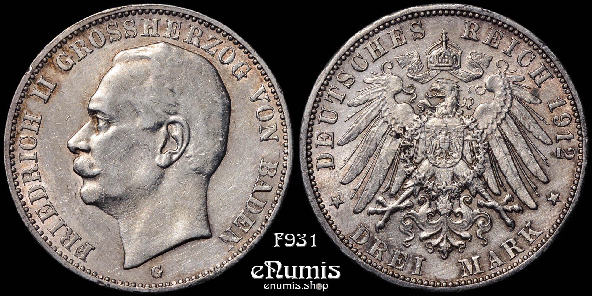 Germany, Baden, Friedrich II, 3 Mark 1912, XF/XF+