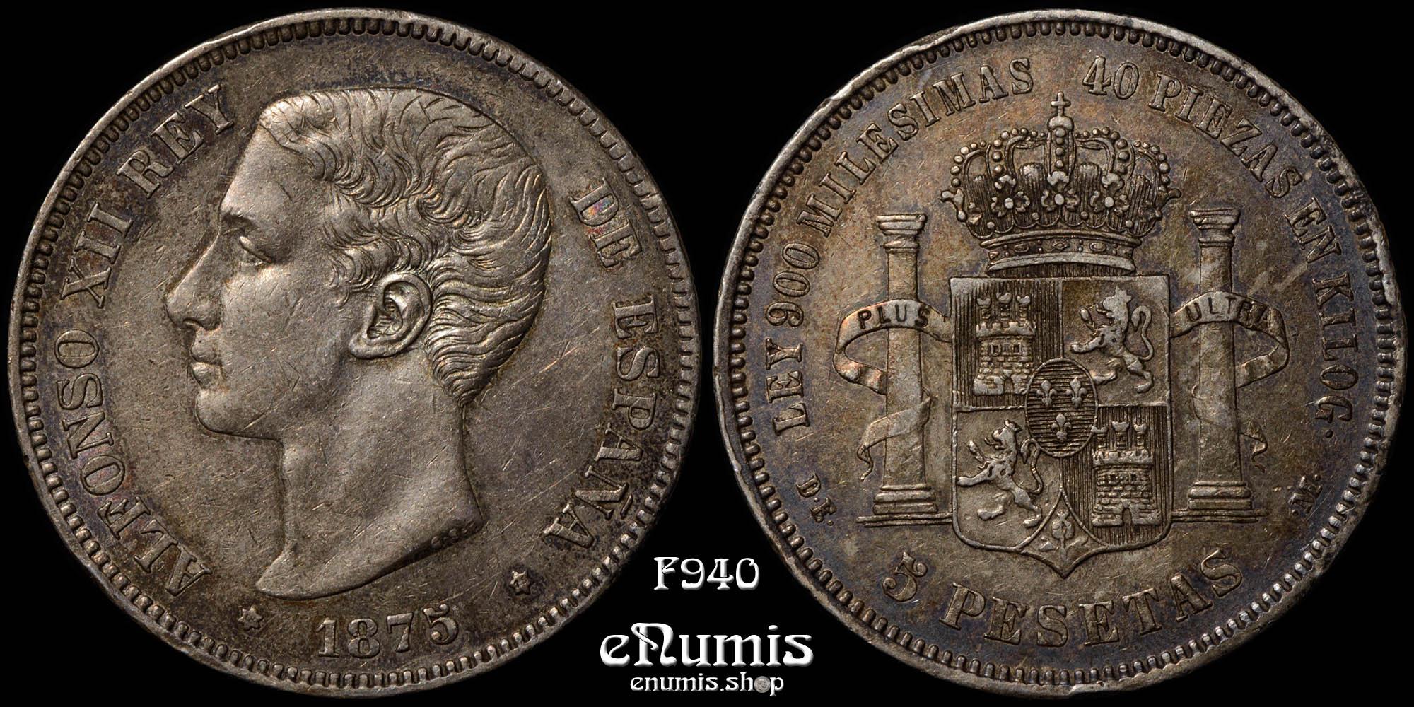 SPAIN, Alfonso XII, 5 Pesetas 1875 DE-M, nicely toned, XF+ SPAIN, Alfonso XII, 5 Pesetas 1875 DE-M, nicely toned, XF+