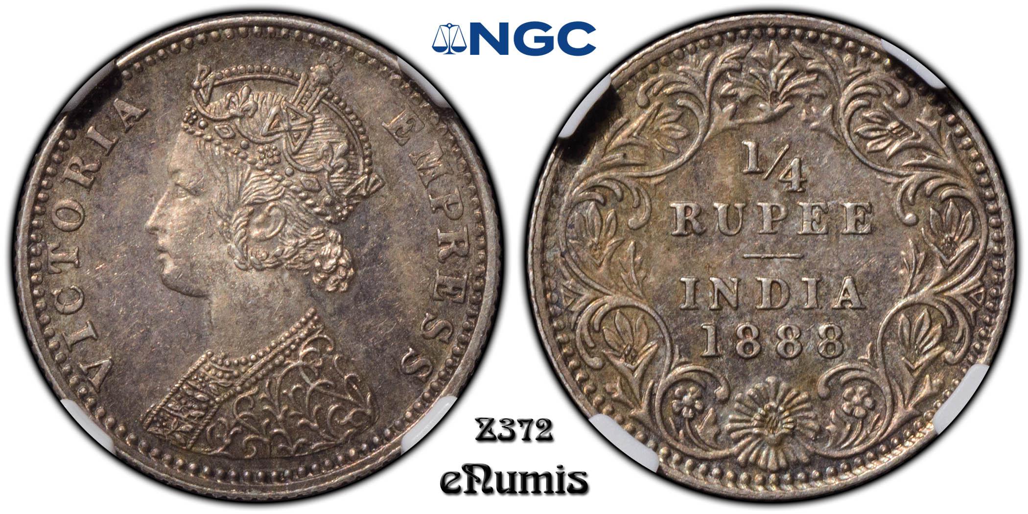 INDIA, Victoria, 1/4 Rupee 1888, Bombay, incuse B, Scarce!, NGC MS 62