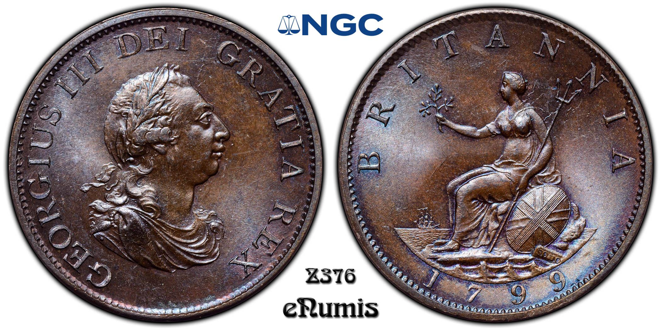 Great Britain, George III, 1/2 Penny 1799, Soho, Top Pop, NGC MS 66 BN