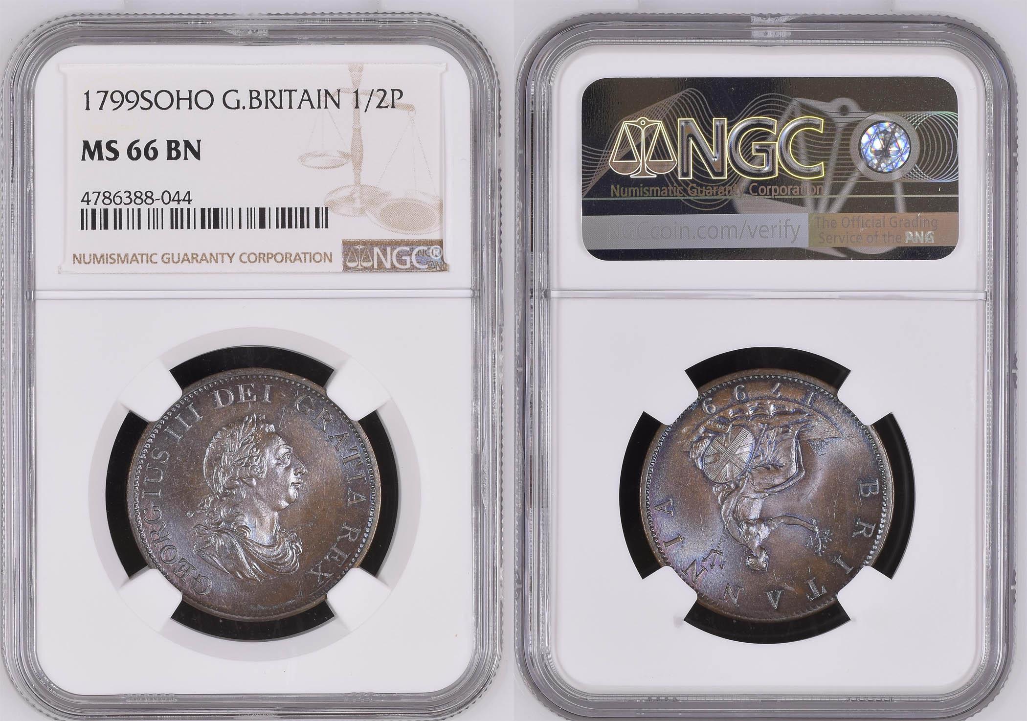 Great Britain, George III, 1/2 Penny 1799, Soho, Top Pop, NGC MS 66 BN