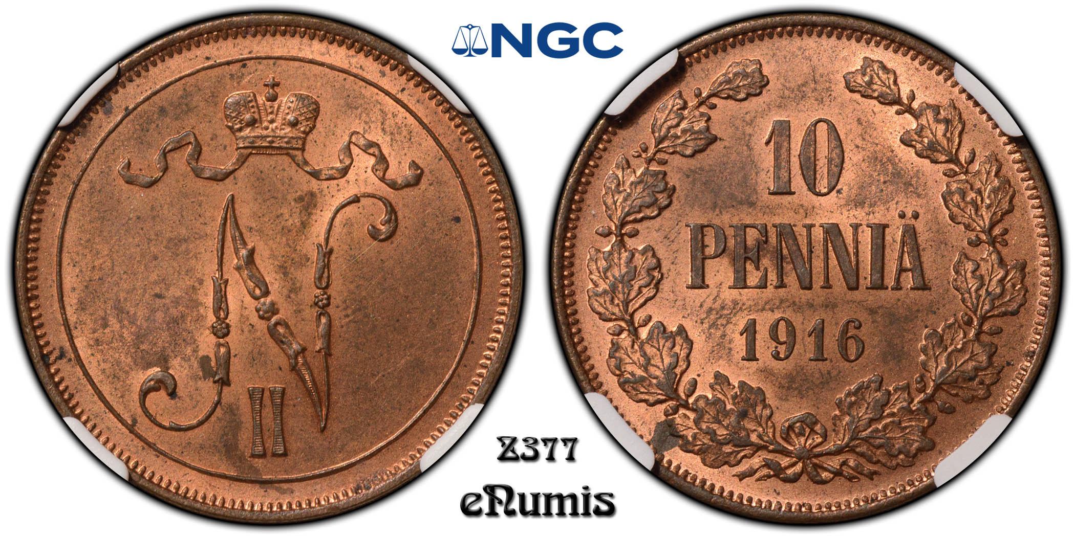 Russia, Finland, Nicholas II, 10 Pennia 1916, NGC MS 63 RB