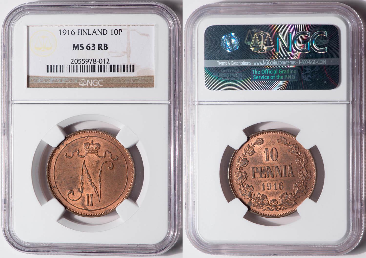 Russia, Finland, Nicholas II, 10 Pennia 1916, NGC MS 63 RB