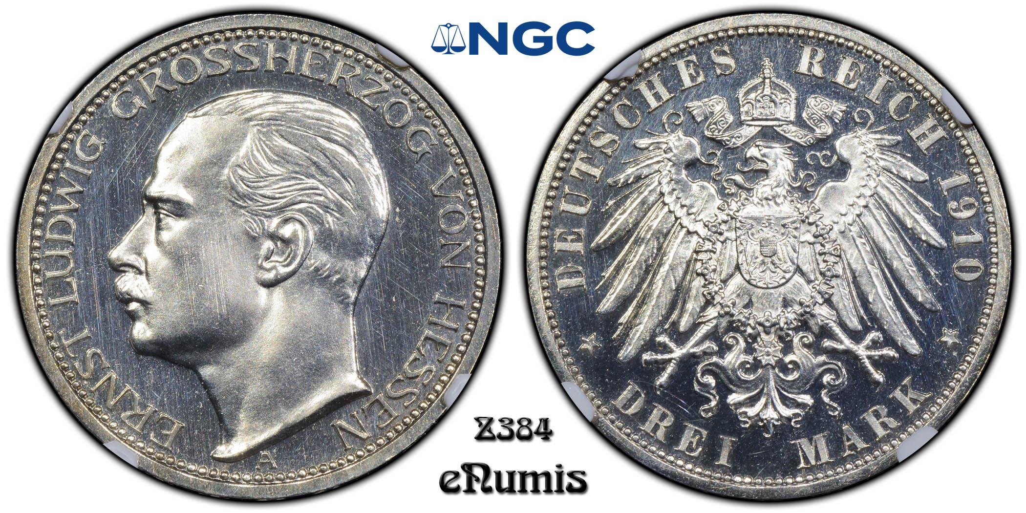 Germany, Hesse Darmstadt, Ernst Ludwig, 3 Mark 1910, Proof, NGC PF 64