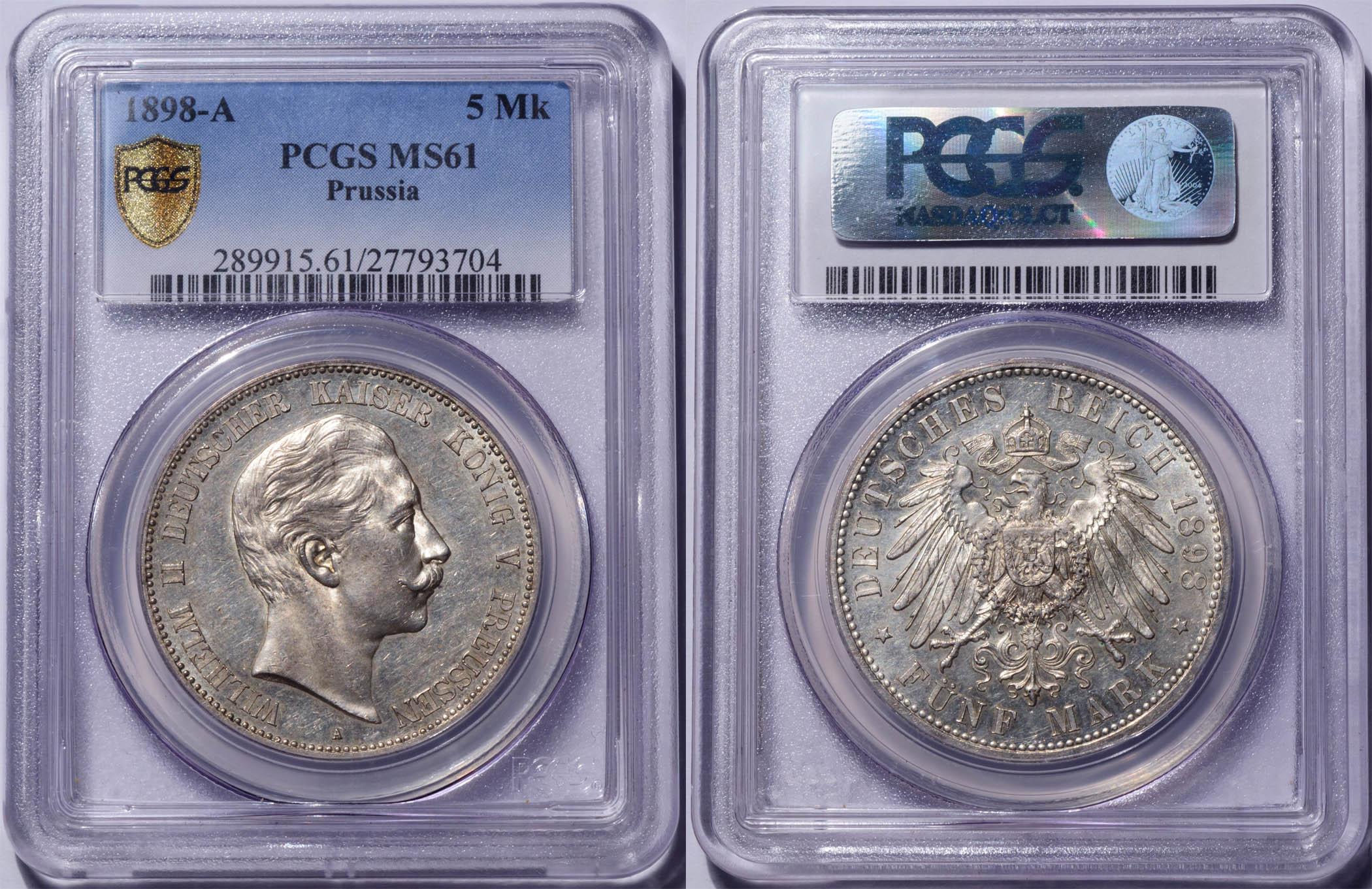 Germany, Prussia, Wilhelm II, 5 Mark 1898, better year, PCGS MS 61
