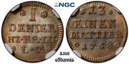 Germany, Brunswick Wolfenbuttel, Denier 1758, Top Pop, NGC MS 65 BN