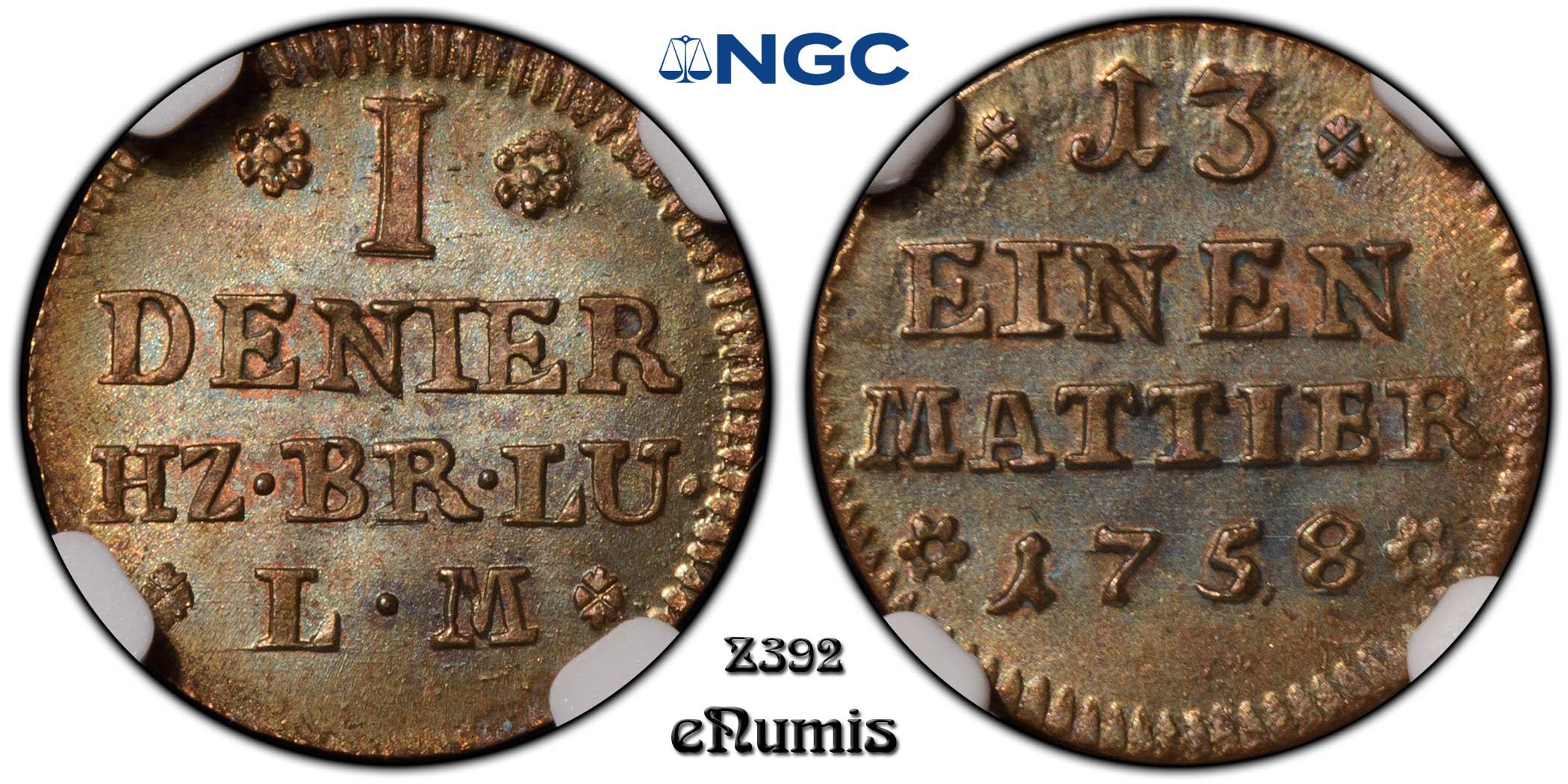 Germany, Brunswick Wolfenbuttel, Denier 1758, Top Pop, NGC MS 65 BN