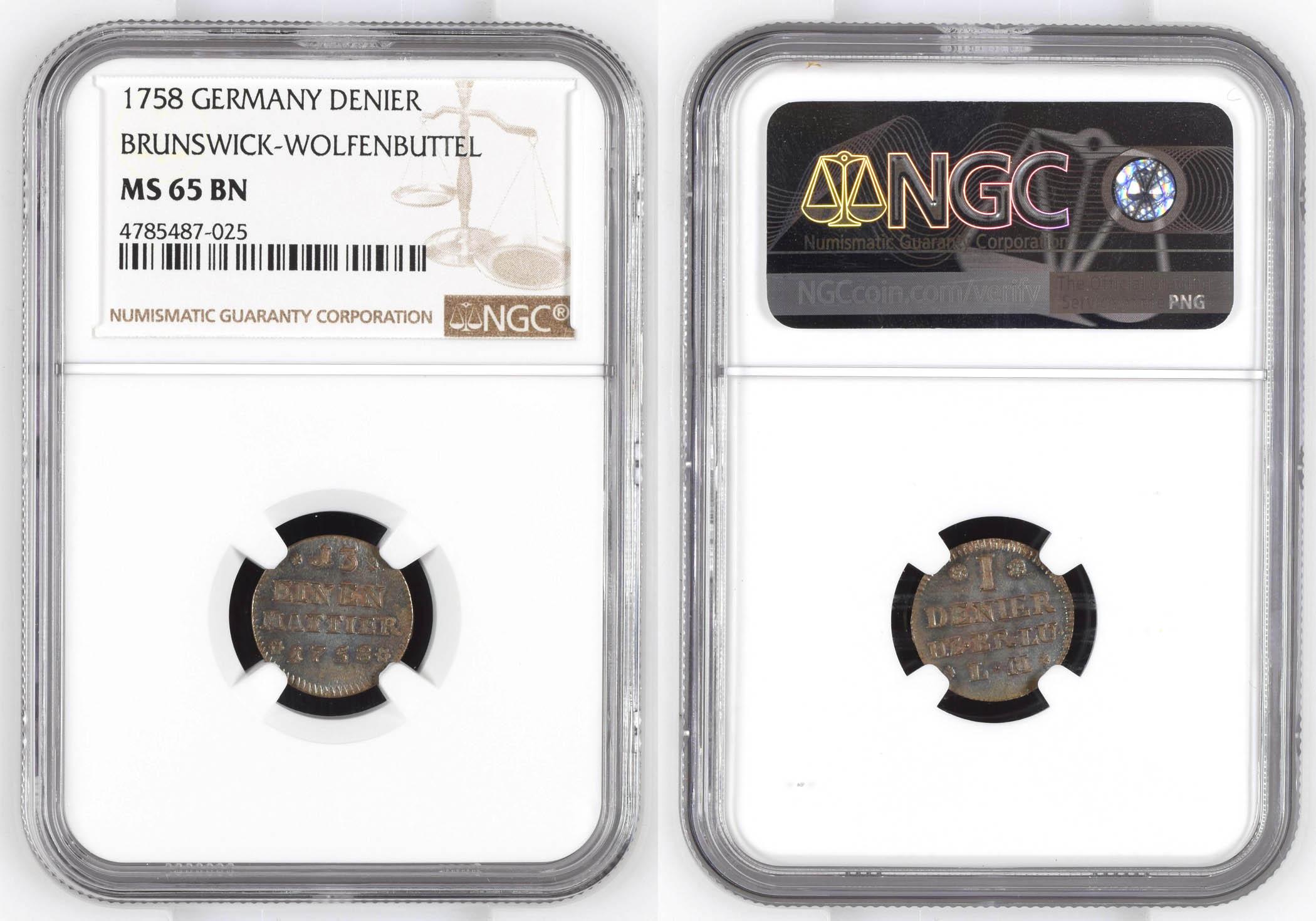Germany, Brunswick Wolfenbuttel, Denier 1758, Top Pop, NGC MS 65 BN
