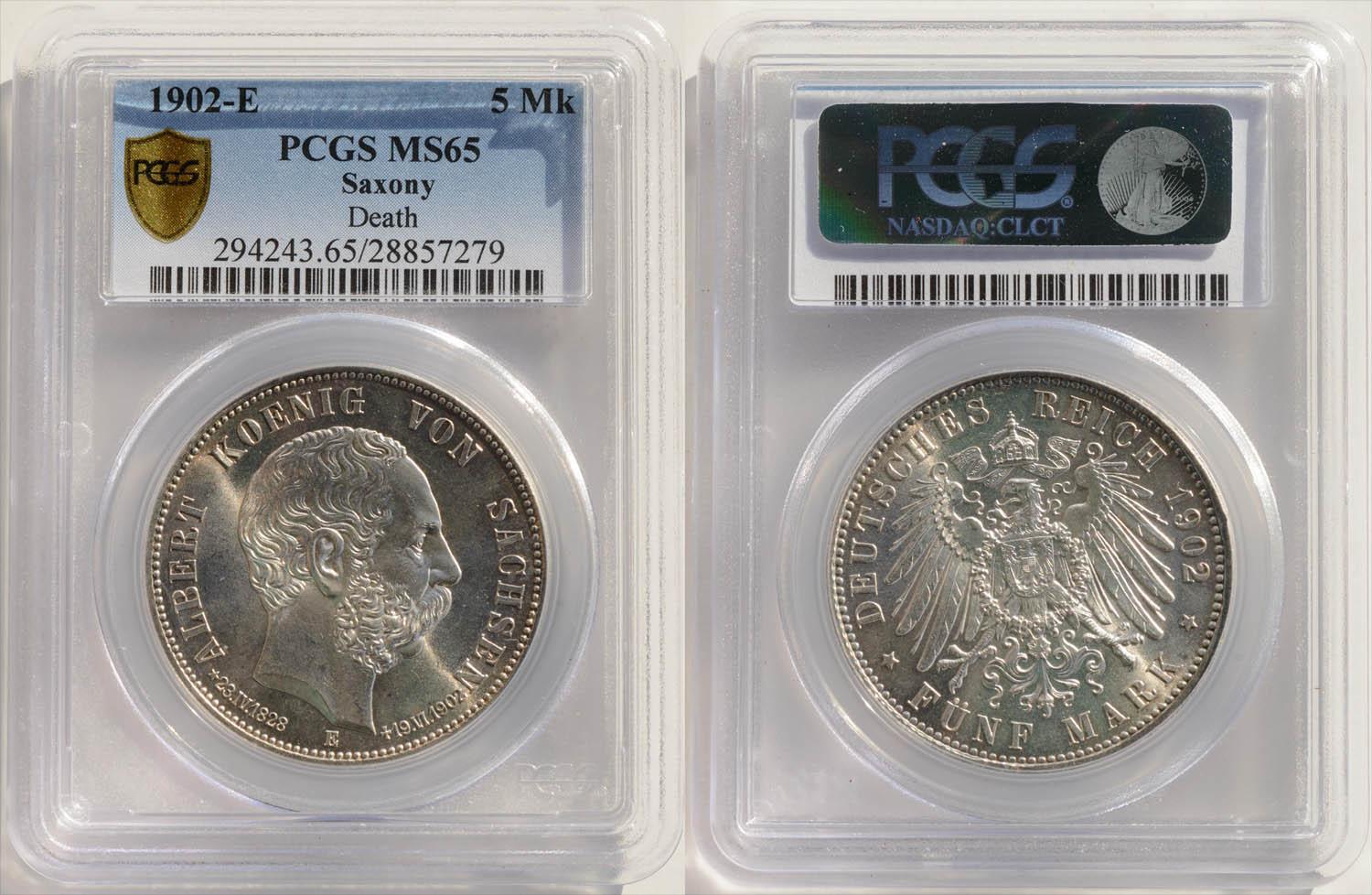 Germany, Saxony, Albert, 5 Mark 1902, King's death, PCGS MS 65