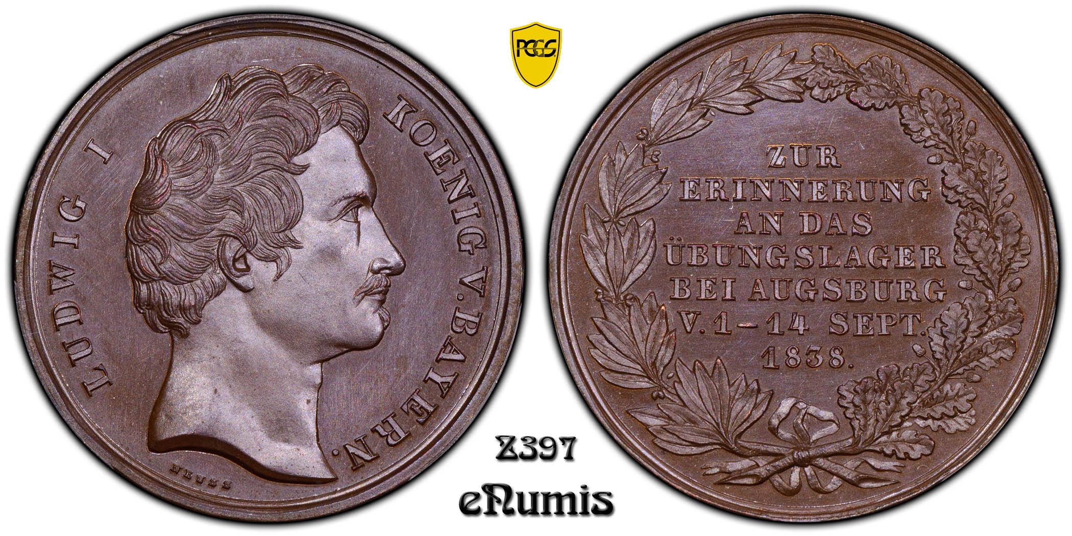 Germany, Bavaria, Ludwig I, Medal 1838, Augsburg, Top Pop, PCGS SP 66