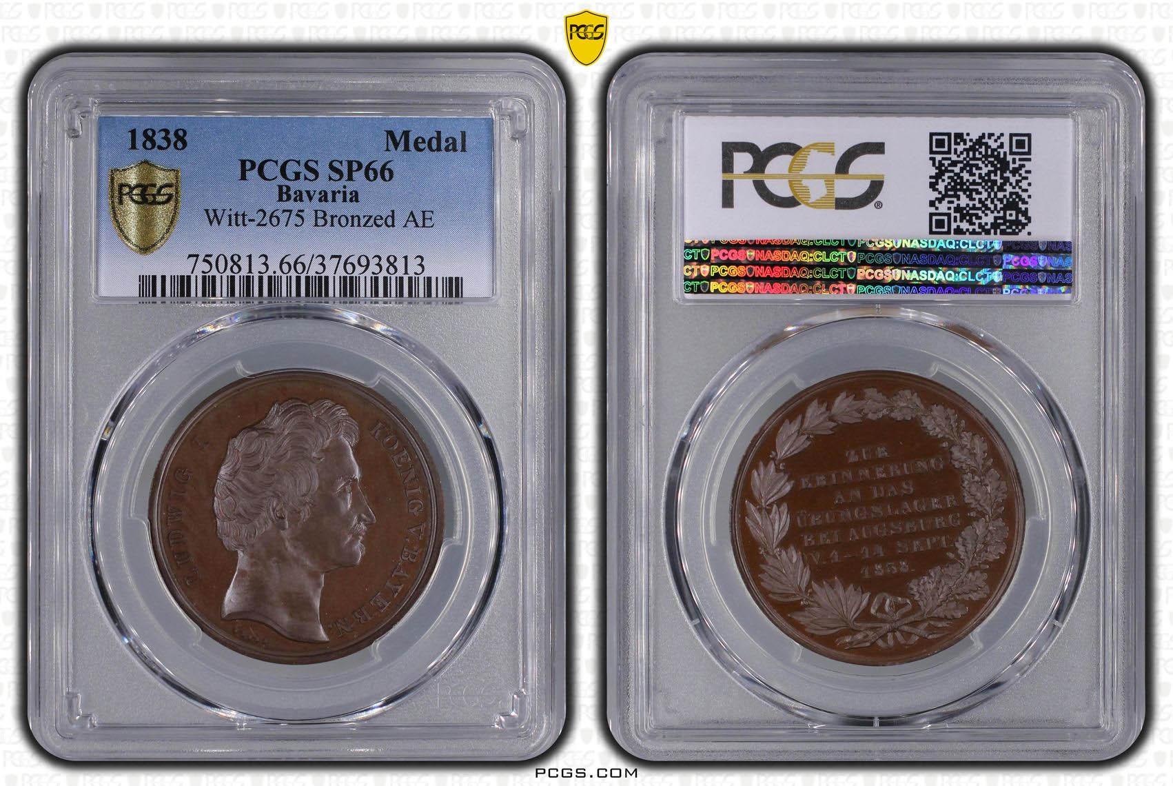 Germany, Bavaria, Ludwig I, Medal 1838, Augsburg, Top Pop, PCGS SP 66