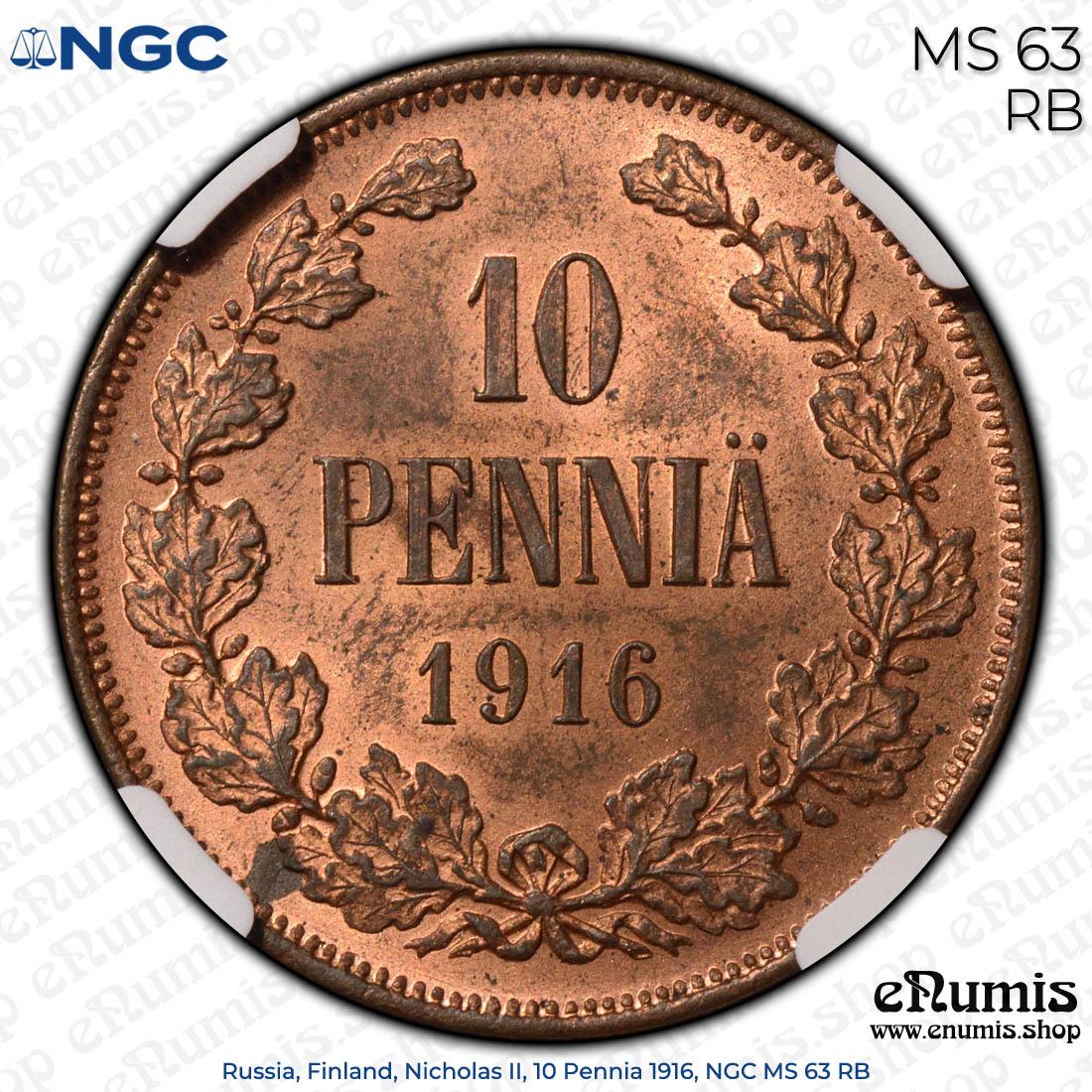 Russia, Finland, Nicholas II, 10 Pennia 1916, NGC MS 63 RB