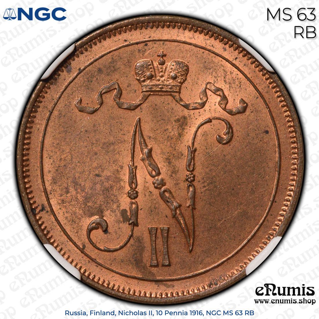 Russia, Finland, Nicholas II, 10 Pennia 1916, NGC MS 63 RB