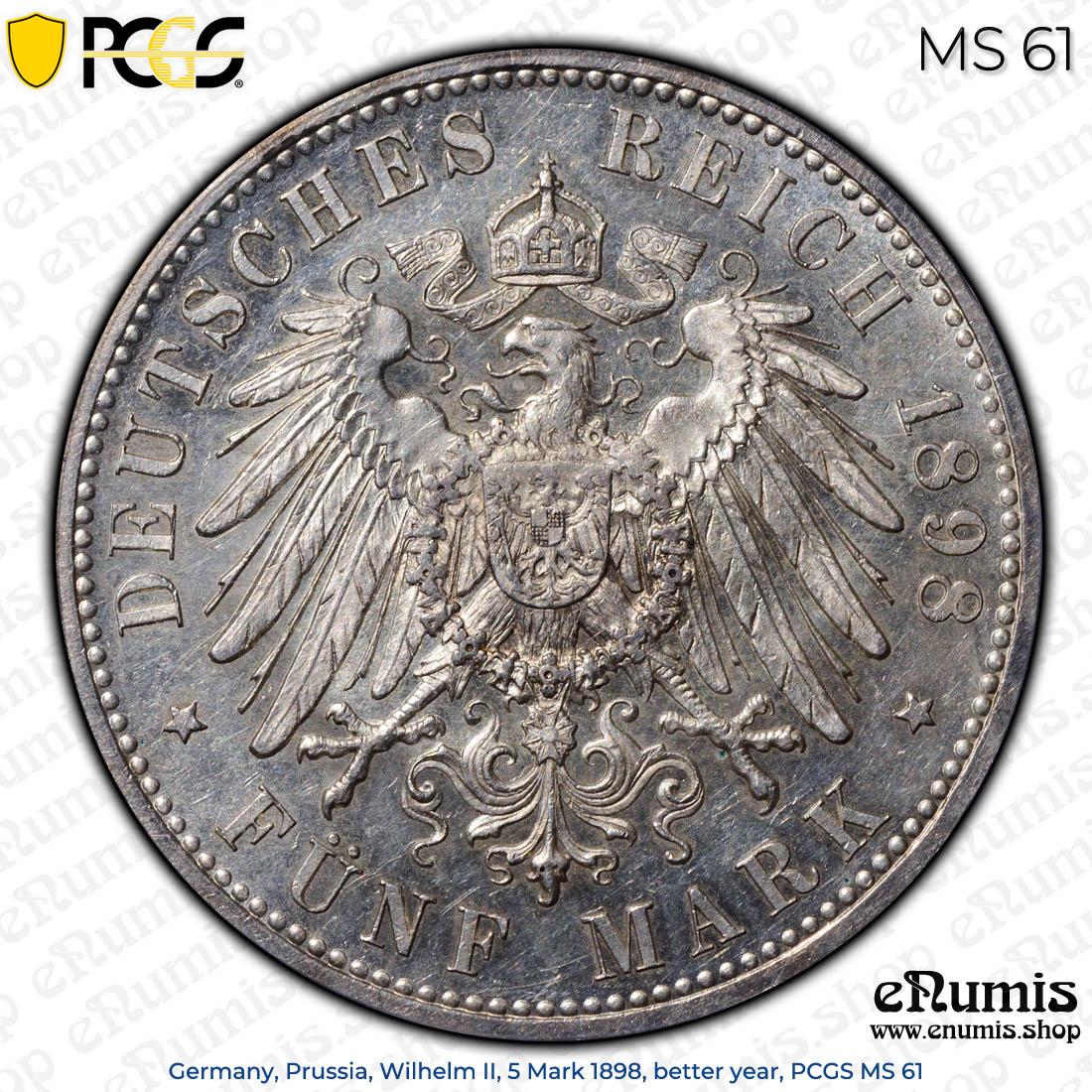 Germany, Prussia, Wilhelm II, 5 Mark 1898, better year, PCGS MS 61
