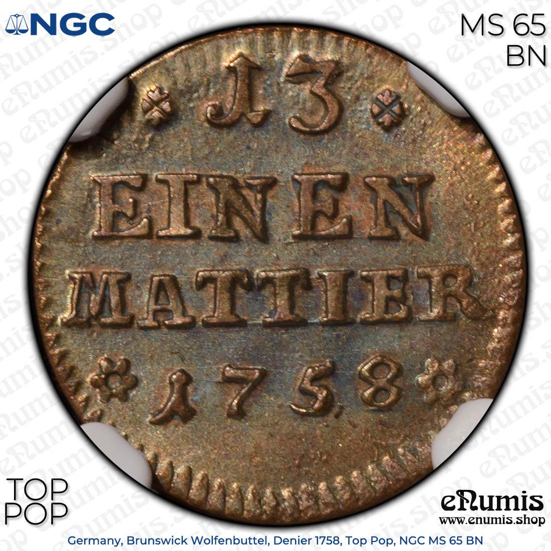 Germany, Brunswick Wolfenbuttel, Denier 1758, Top Pop, NGC MS 65 BN