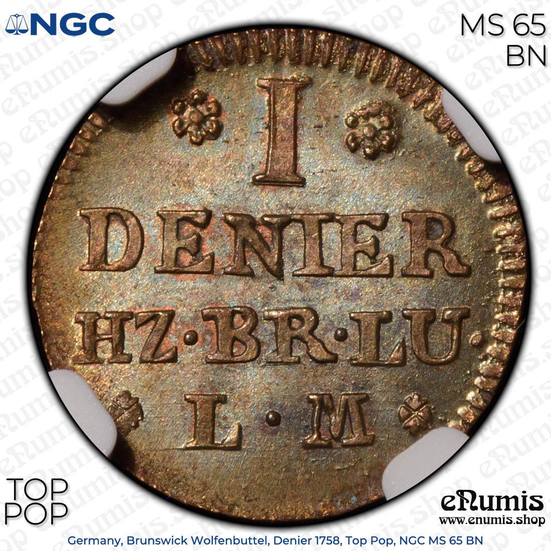 Germany, Brunswick Wolfenbuttel, Denier 1758, Top Pop, NGC MS 65 BN