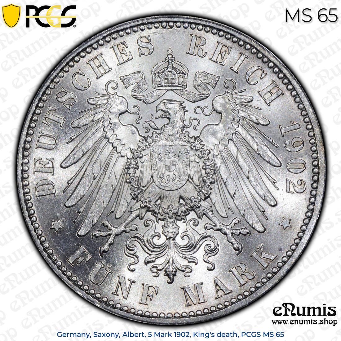 Germany, Saxony, Albert, 5 Mark 1902, King's death, PCGS MS 65
