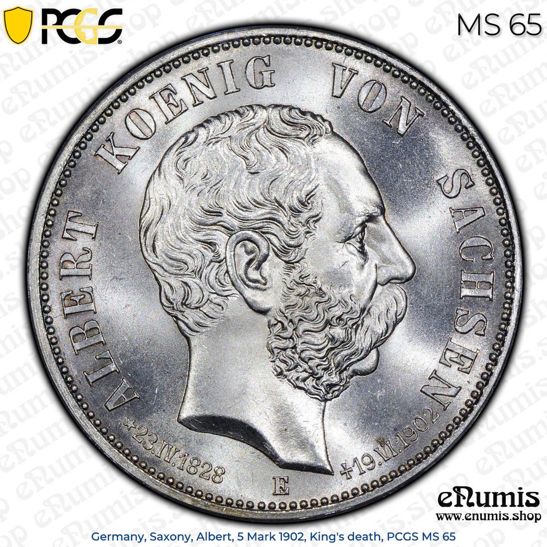 Germany, Saxony, Albert, 5 Mark 1902, King's death, PCGS MS 65