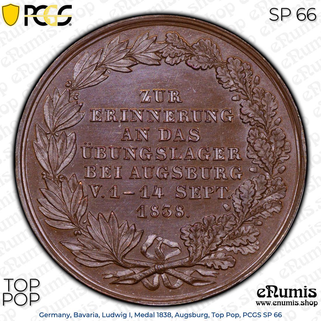 Germany, Bavaria, Ludwig I, Medal 1838, Augsburg, Top Pop, PCGS SP 66