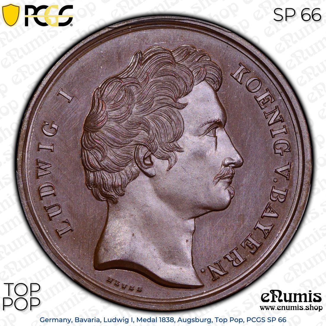 Germany, Bavaria, Ludwig I, Medal 1838, Augsburg, Top Pop, PCGS SP 66