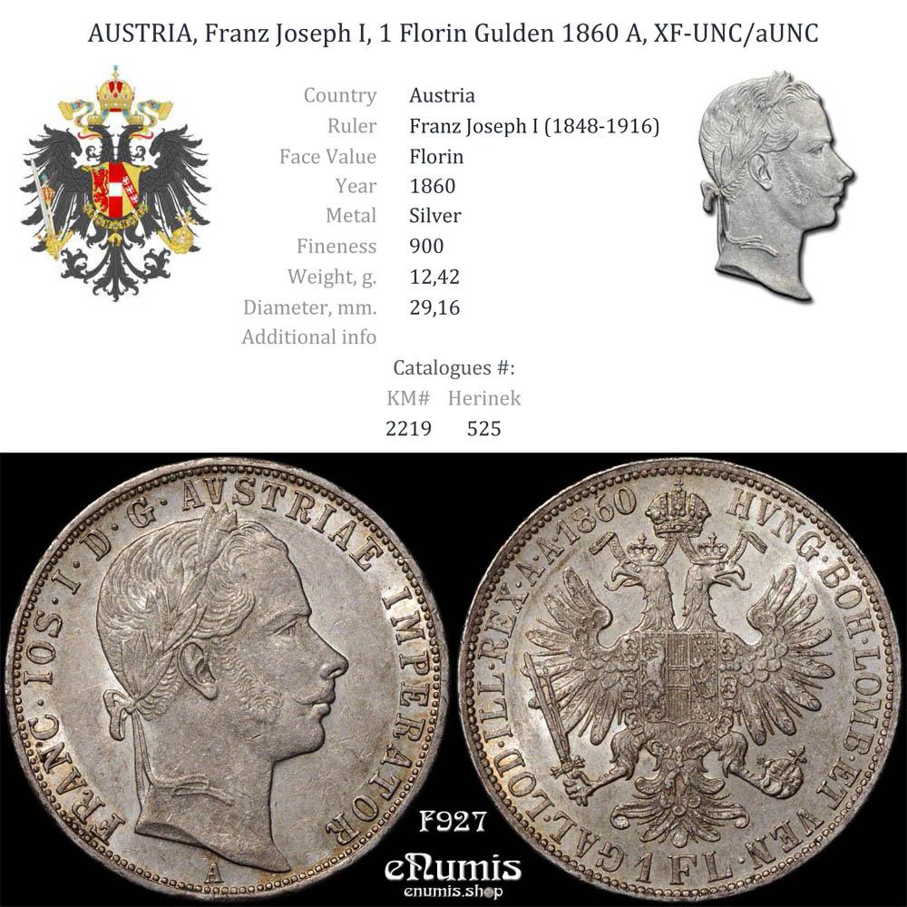 AUSTRIA, Franz Joseph I, 1 Florin Gulden 1860 A, XF-UNC/aUNC