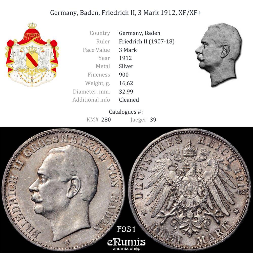Germany, Baden, Friedrich II, 3 Mark 1912, XF/XF+