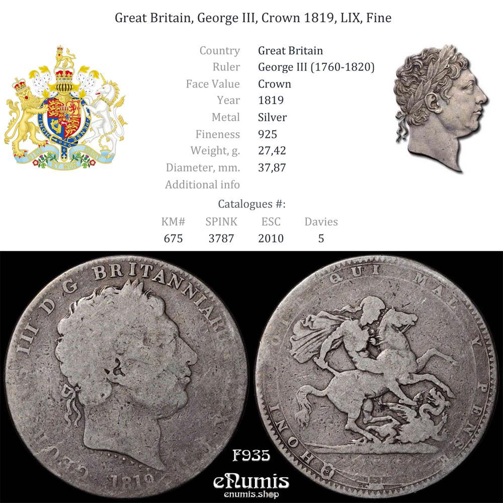 Great Britain, George III, Crown 1819, LIX, Fine