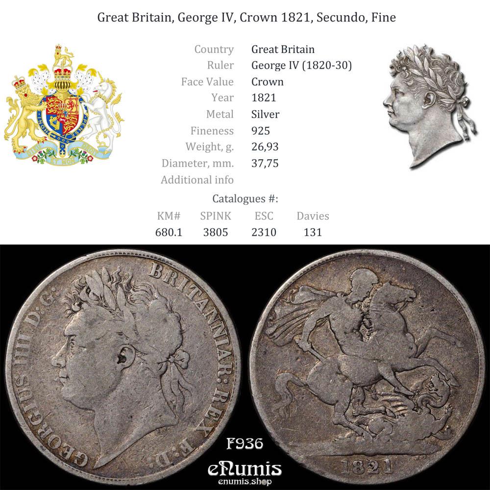 Great Britain, George IV, Crown 1821, Secundo, Fine Great Britain, George IV, Crown 1821, Secundo, Fine