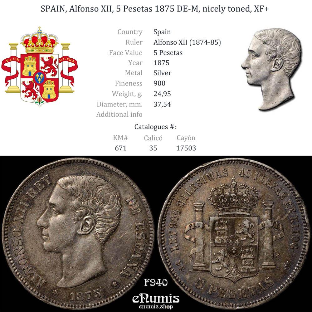 SPAIN, Alfonso XII, 5 Pesetas 1875 DE-M, nicely toned, XF+ SPAIN, Alfonso XII, 5 Pesetas 1875 DE-M, nicely toned, XF+