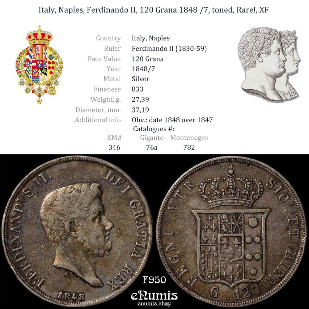 Italy, Naples, Ferdinando II, 120 Grana 1848 /7, toned, Rare!, XF