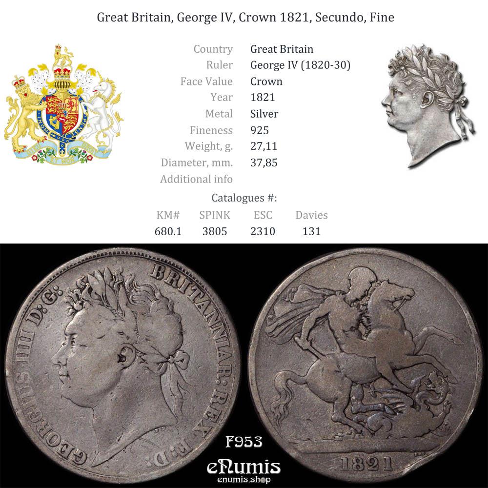 Great Britain, George IV, Crown 1821, Secundo, Fine Great Britain, George IV, Crown 1821, Secundo, Fine