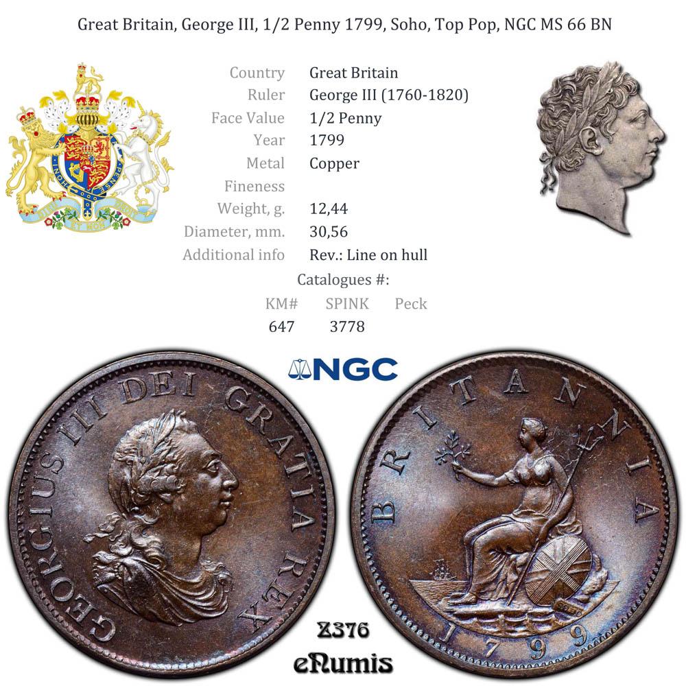 Great Britain, George III, 1/2 Penny 1799, Soho, Top Pop, NGC MS 66 BN