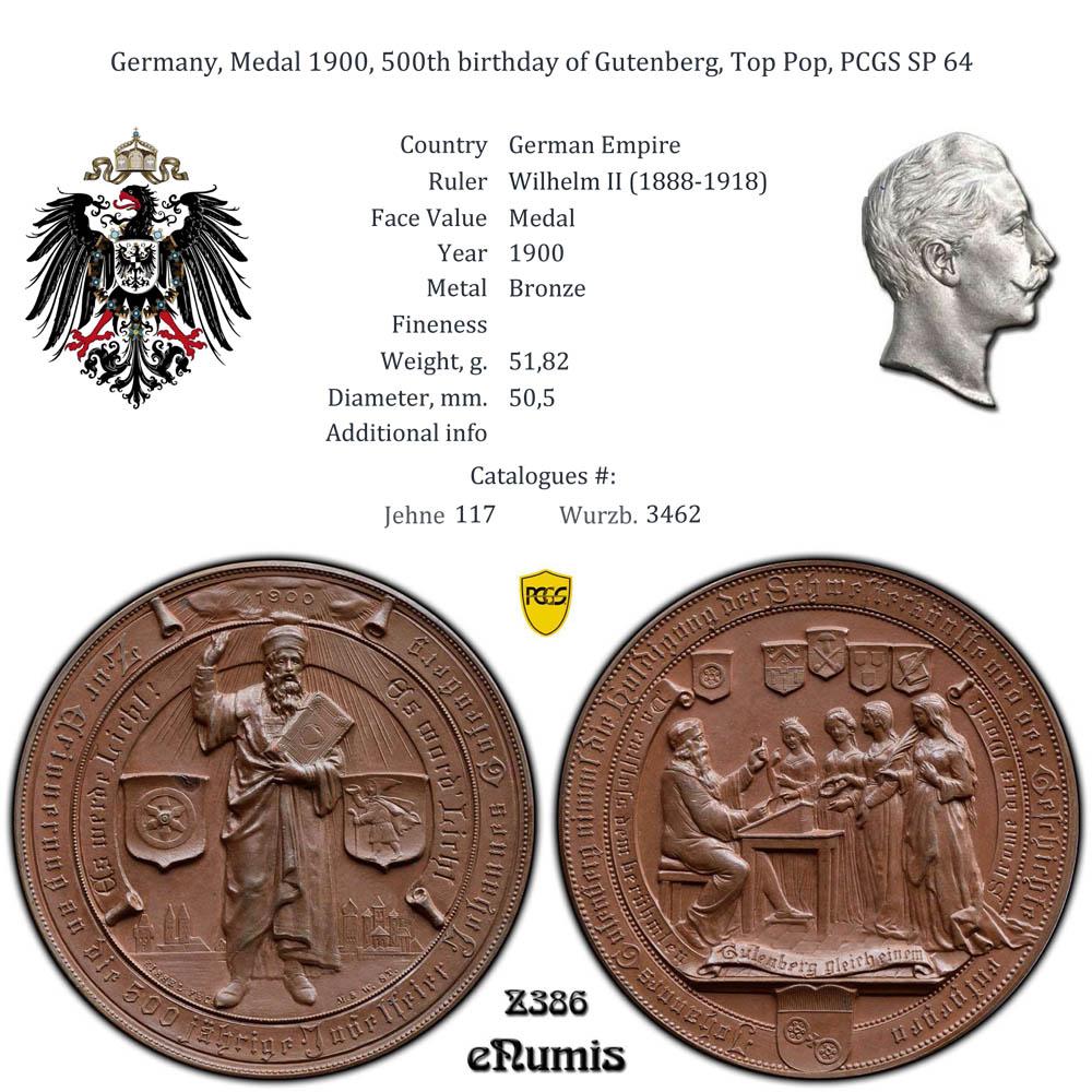 Germany, Medal 1900, 500th birthday of Gutenberg, Top Pop, PCGS SP 64 Germany, Medal 1900, 500th birthday of Gutenberg, Top Pop, PCGS SP 64