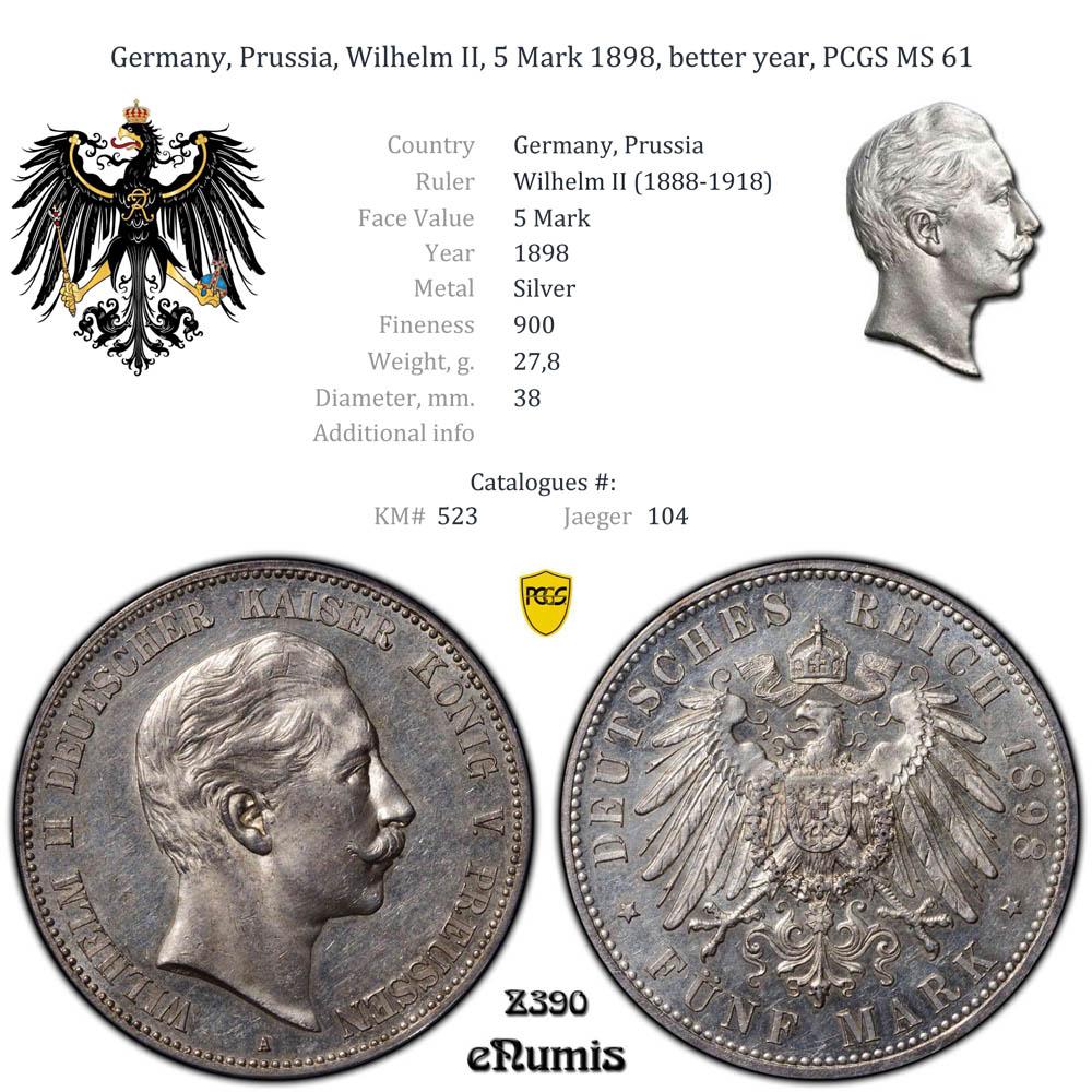 Germany, Prussia, Wilhelm II, 5 Mark 1898, better year, PCGS MS 61