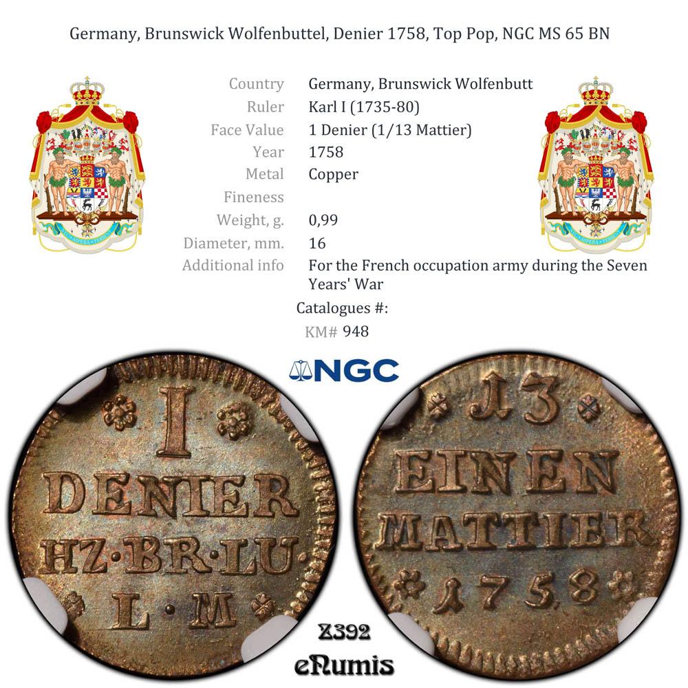 Germany, Brunswick Wolfenbuttel, Denier 1758, Top Pop, NGC MS 65 BN