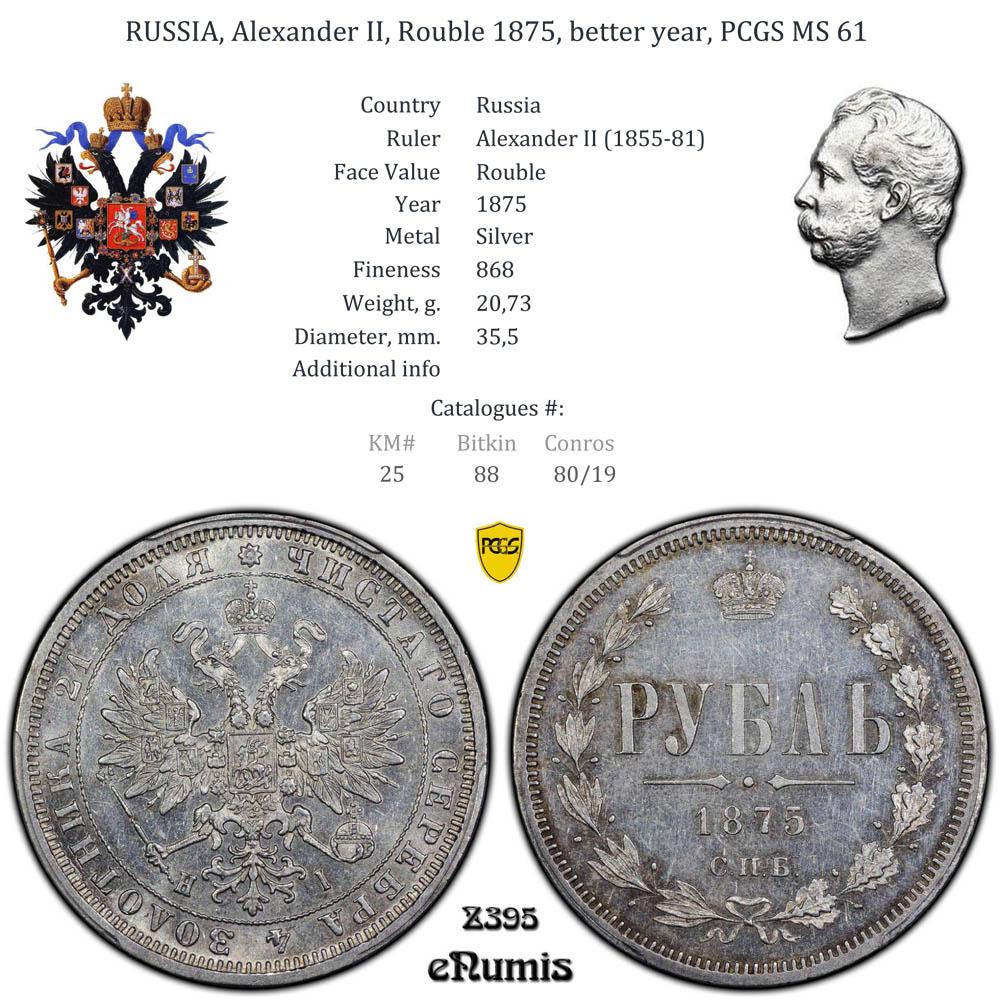 RUSSIA, Alexander II, Rouble 1875, better year, PCGS MS 61 RUSSIA, Alexander II, Rouble 1875, better year, PCGS MS 61
