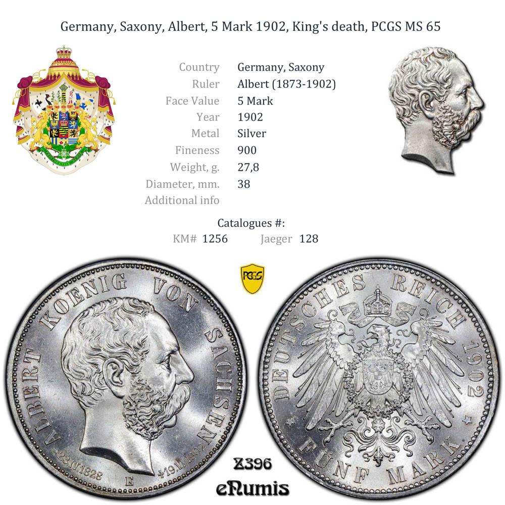 Germany, Saxony, Albert, 5 Mark 1902, King's death, PCGS MS 65