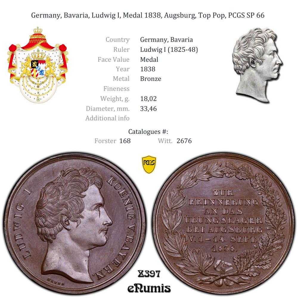Germany, Bavaria, Ludwig I, Medal 1838, Augsburg, Top Pop, PCGS SP 66