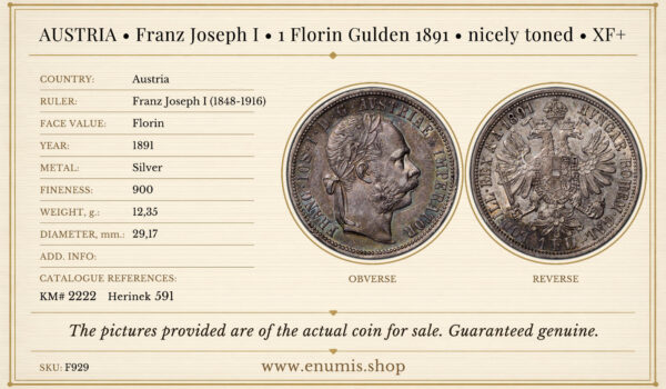 AUSTRIA, Franz Joseph I, 1 Florin Gulden 1891, XF+ • eNumis