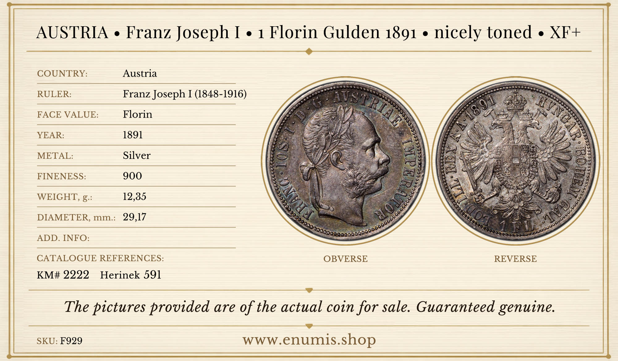 AUSTRIA, Franz Joseph I, 1 Florin Gulden 1891, nicely toned, XF+