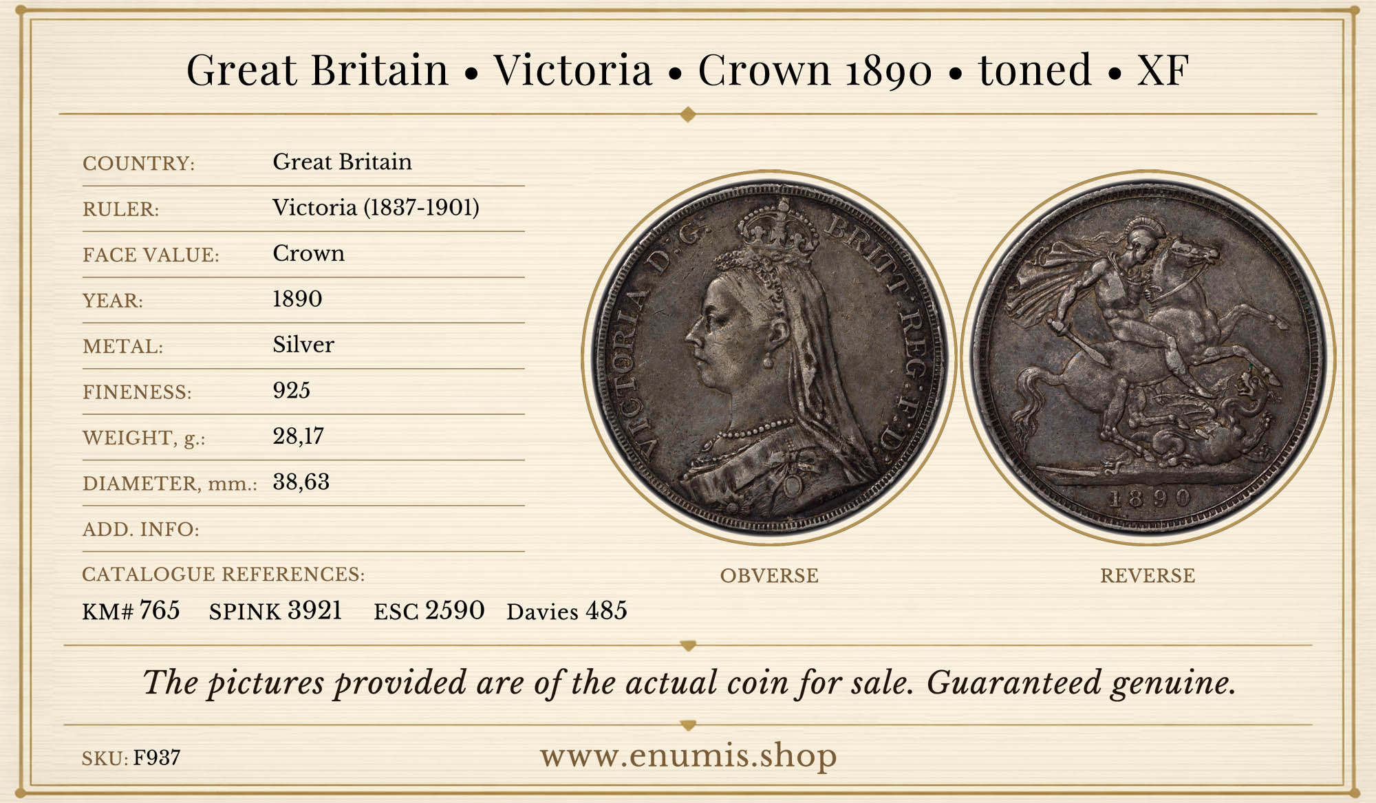 Great Britain, Victoria, Crown 1890, toned, XF