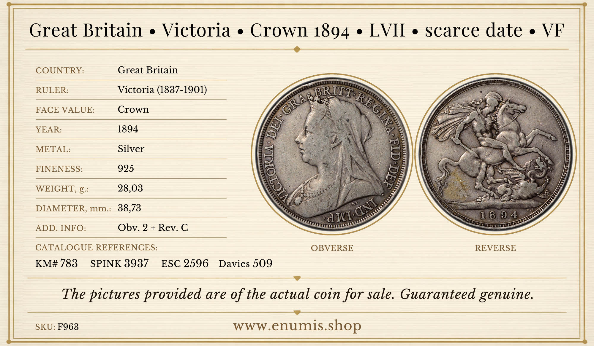 Great Britain, Victoria, Crown 1894, LVII, scarce date, VF