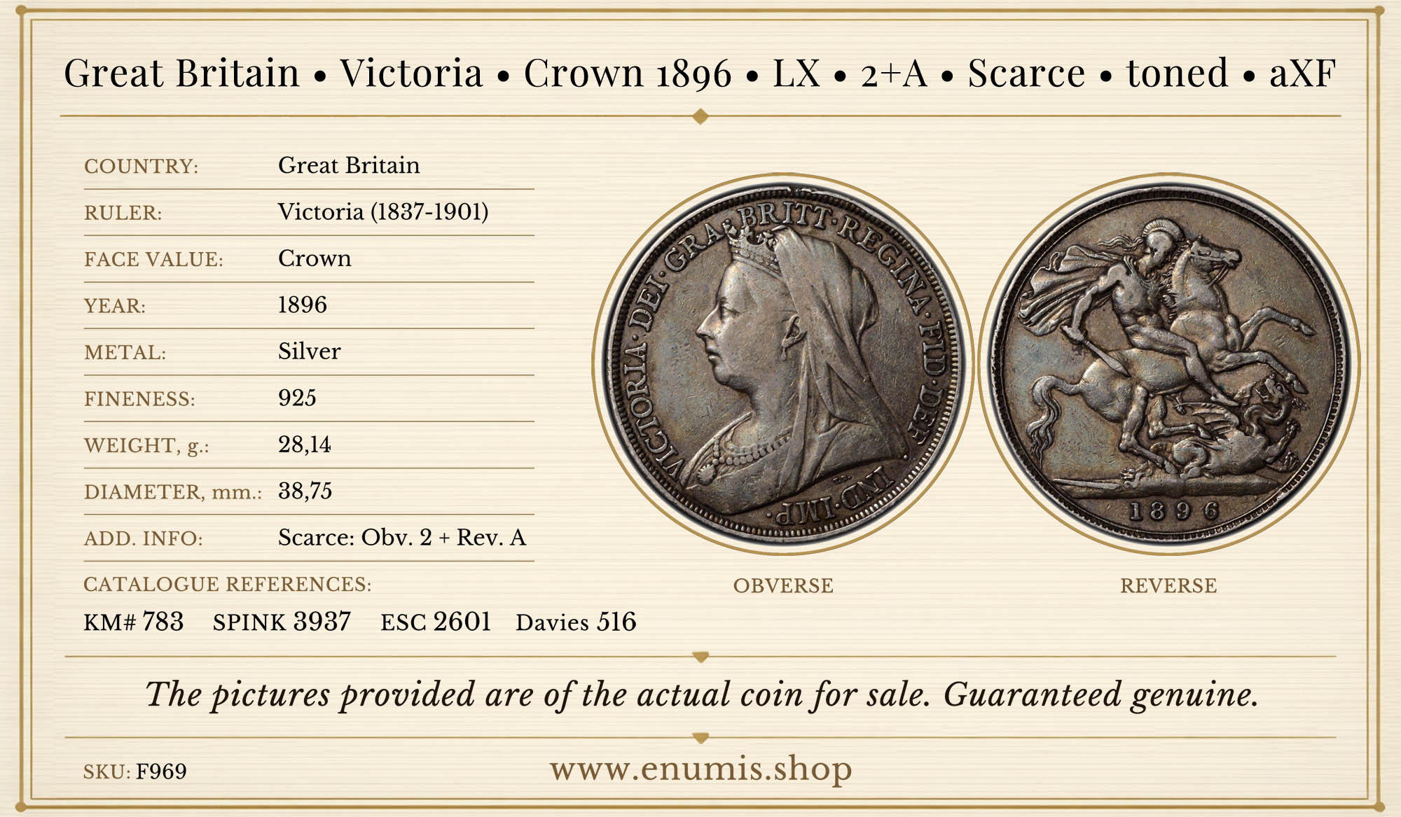 Great Britain, Victoria, Crown 1896, LX, 2+A, Scarce, toned, aXF