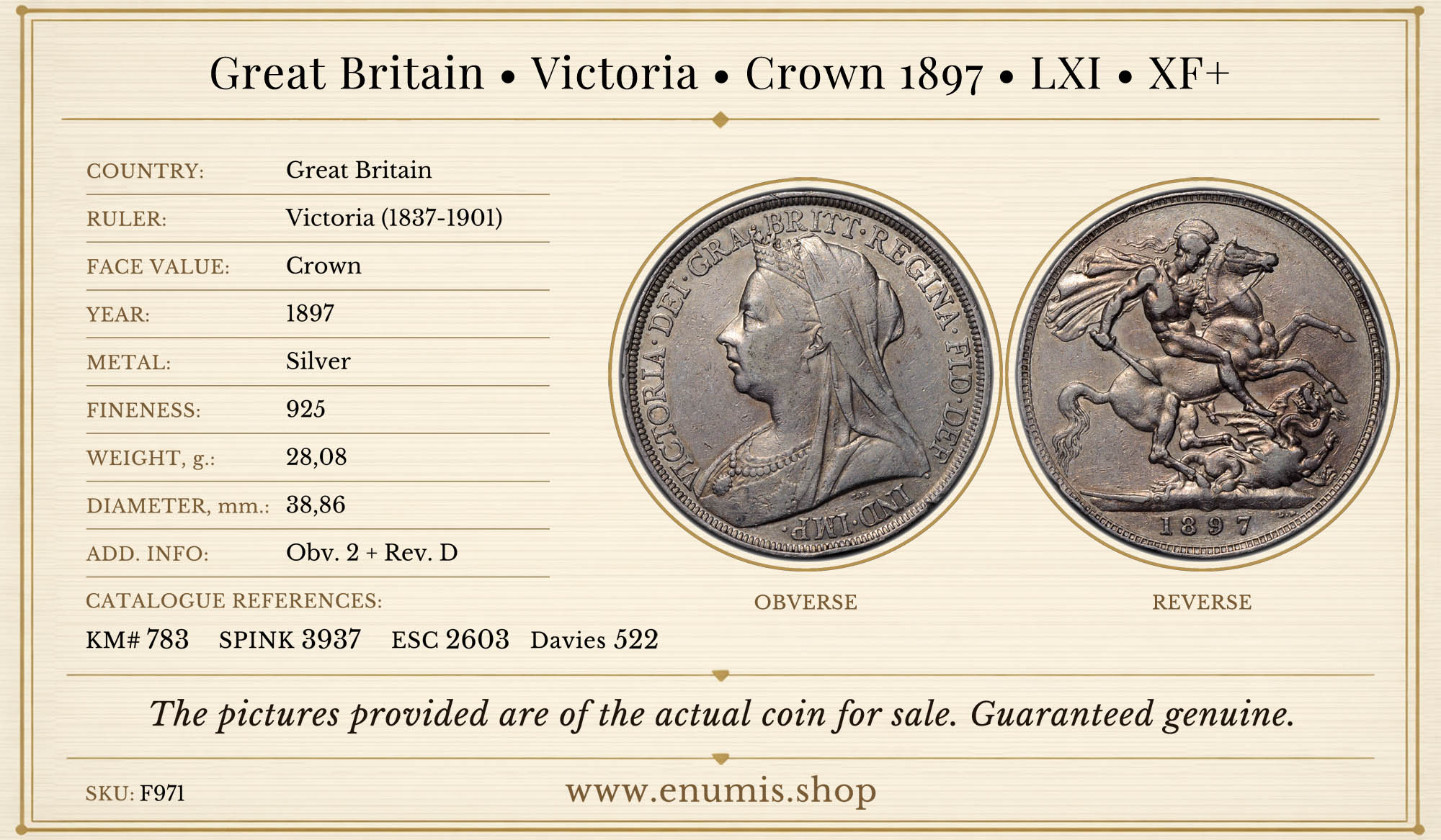 Great Britain, Victoria, Crown 1897, LXI, XF+ Great Britain, Victoria, Crown 1897, LXI, XF+