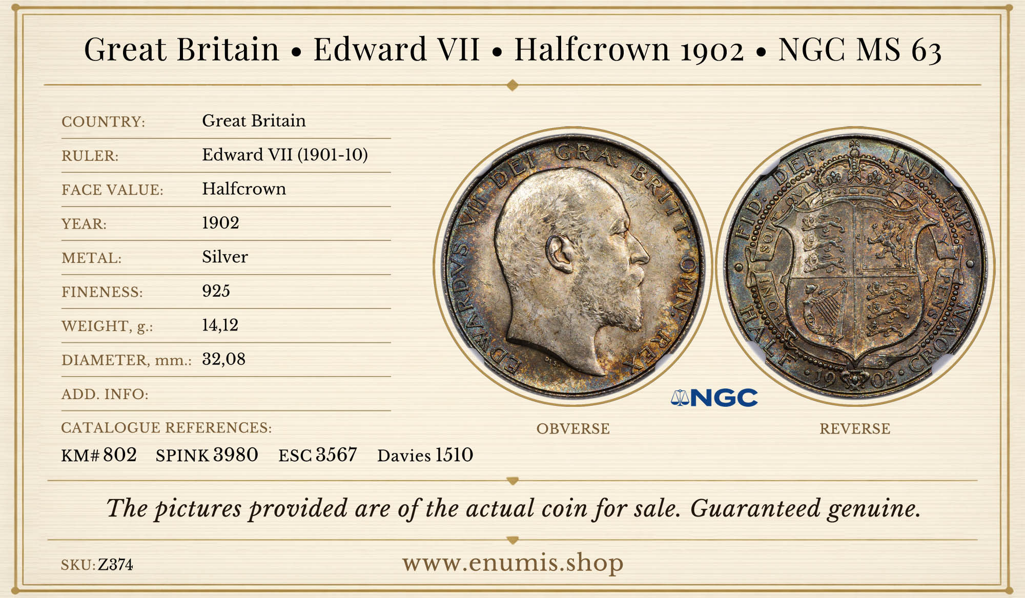 Great Britain, Edward VII, Halfcrown 1902, NGC MS 63